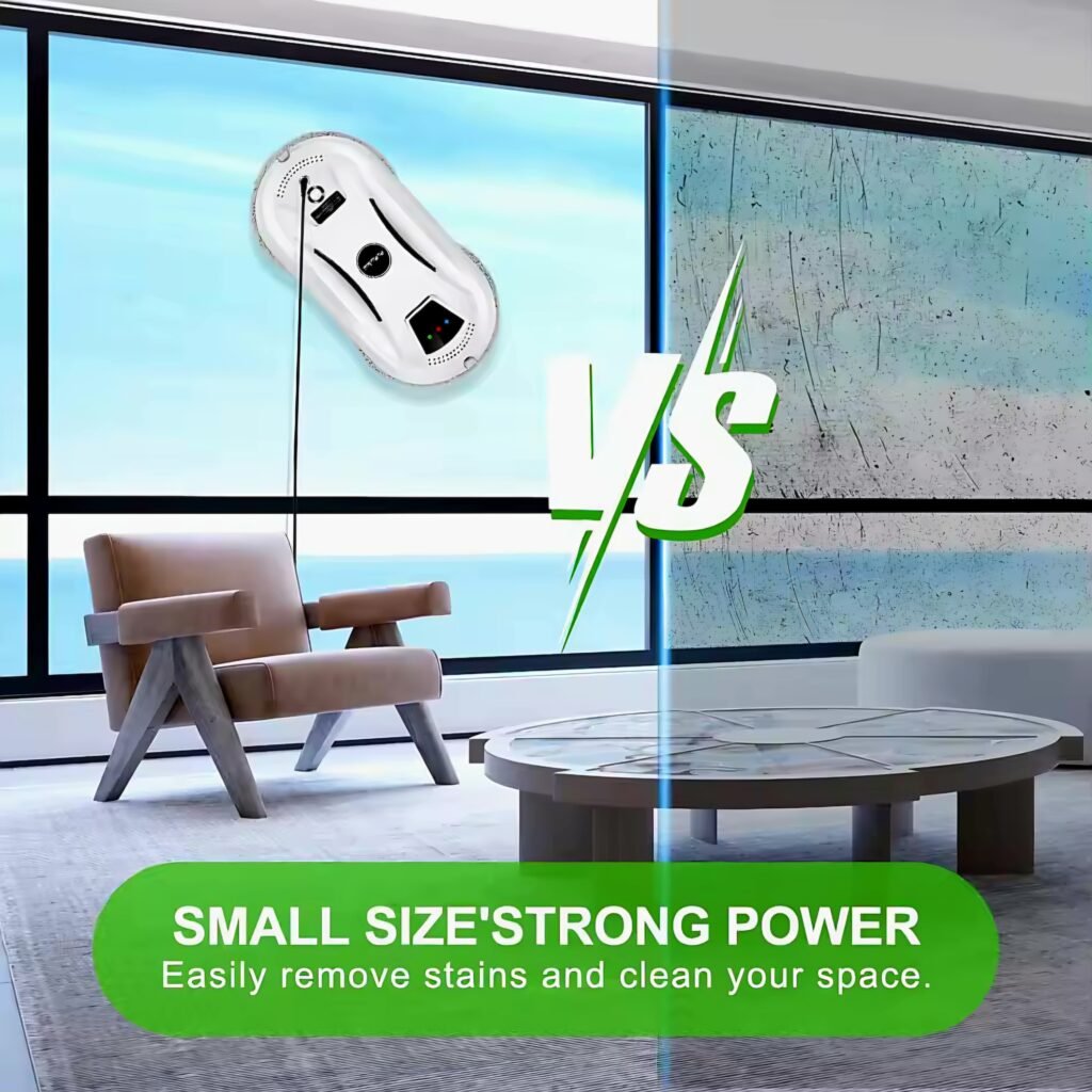 Compact robotic window cleaner attached to a glass window, showing strong suction power and small size design