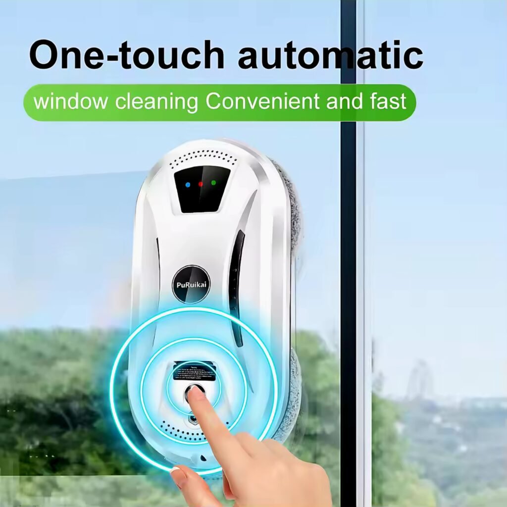 One-touch automatic window cleaning robot operating on a glass window with a single button press