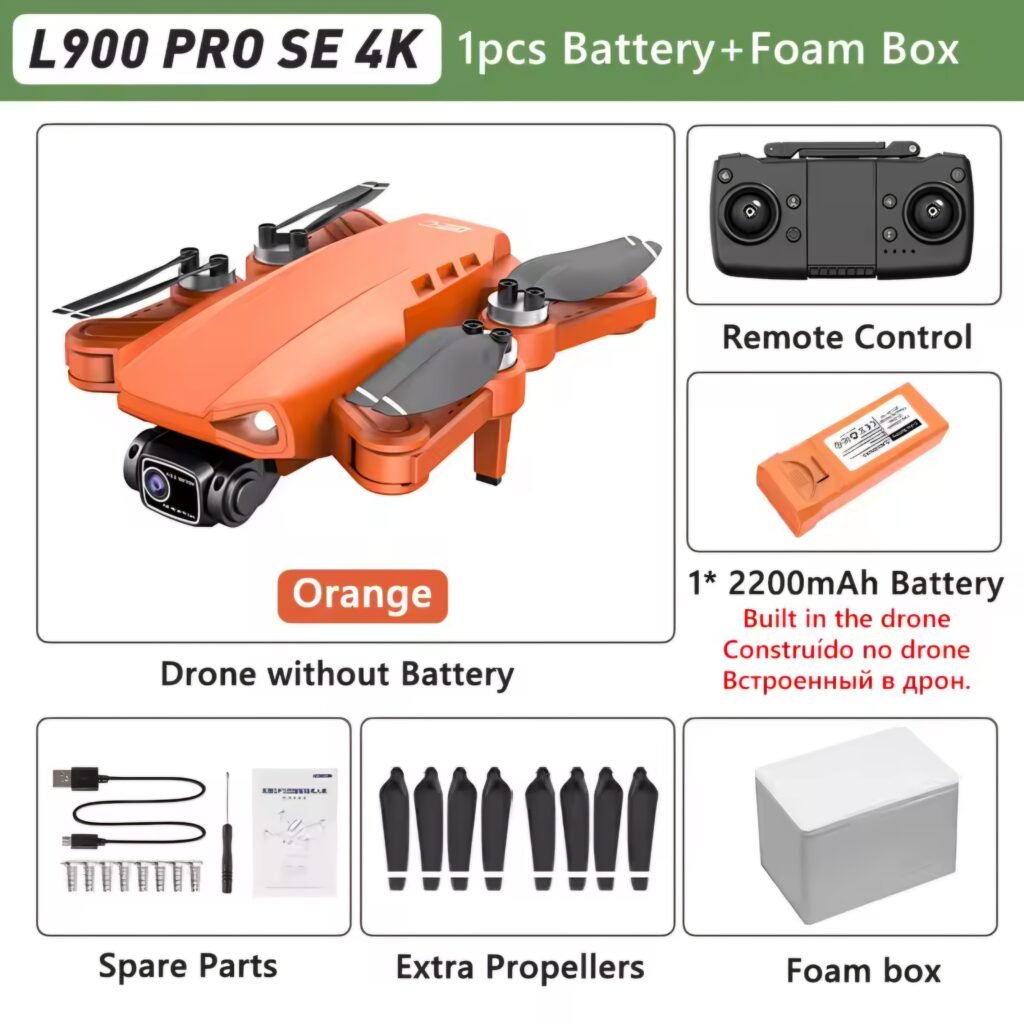 Orange L900 Pro SE MAX GPS Drone complete package with spare propellers and foam box