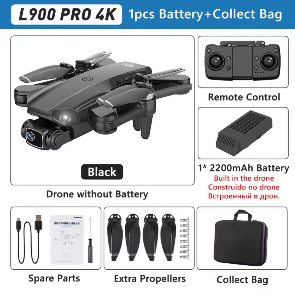 Black L900 Pro 4K foldable drone with collect bag and spare parts