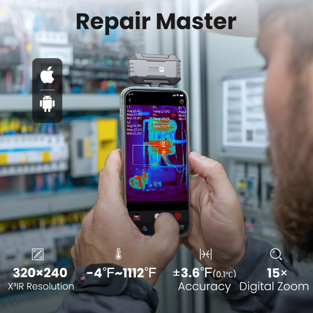 Thermal Master P1 review showing electrical panel inspection and repair features