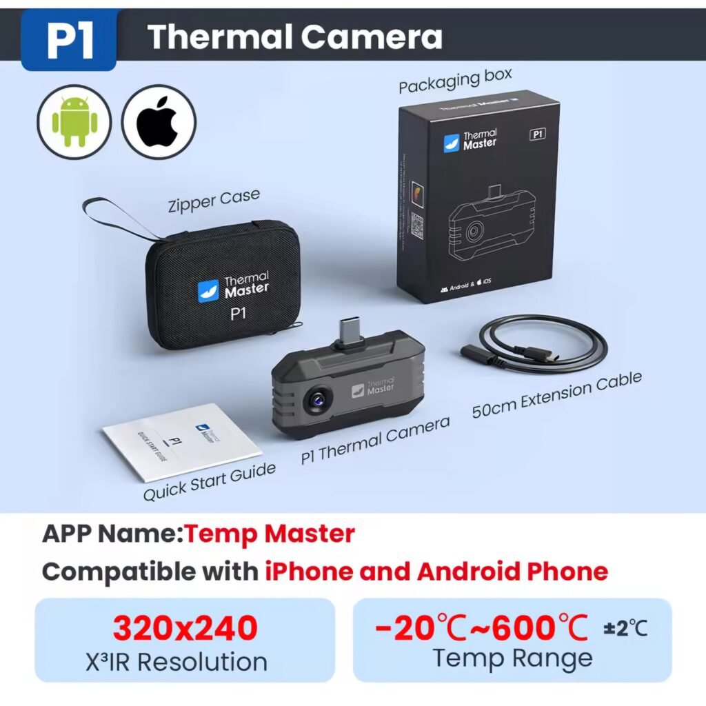 Thermal Master P1 thermal camera unboxing with zipper case, packaging box, USB-C extension cable and quick start guide