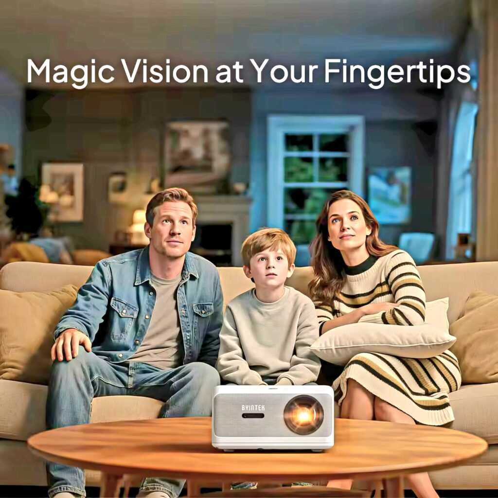 Family enjoying home cinema experience with BYINTEK LOVE U14 smart projector
