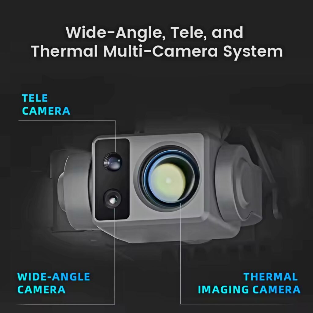 FIMI X8T V384 triple camera system showing wide-angle telephoto and thermal lenses