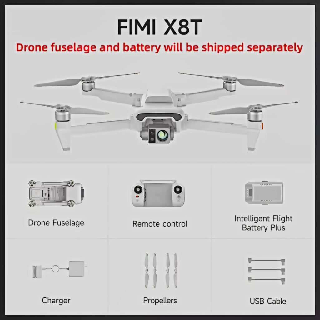 FIMI X8T V384 standard shipping package contents including drone fuselage controller and intelligent battery