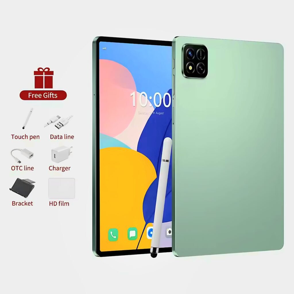 Green Tablet Pad 7 Ultra showing the included free gifts bundle