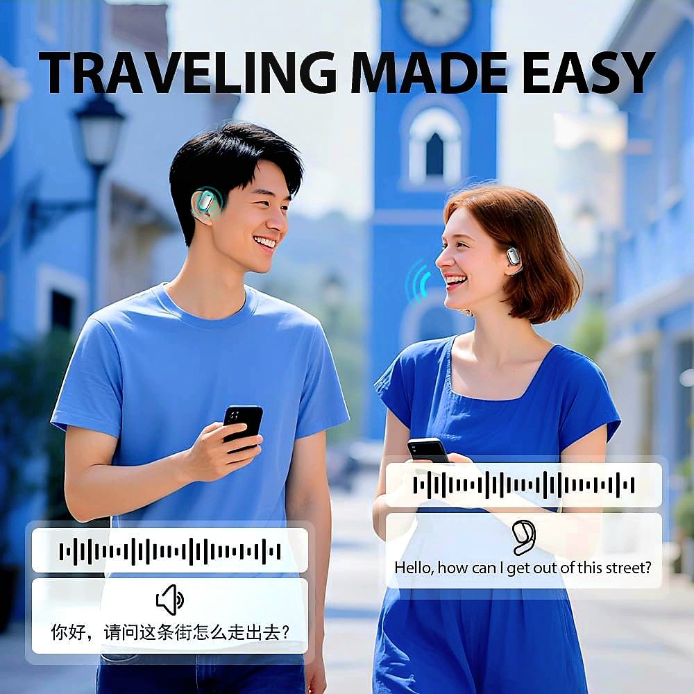 UYUXIO AI Language Translation Earbuds making travel easy for two people communicating