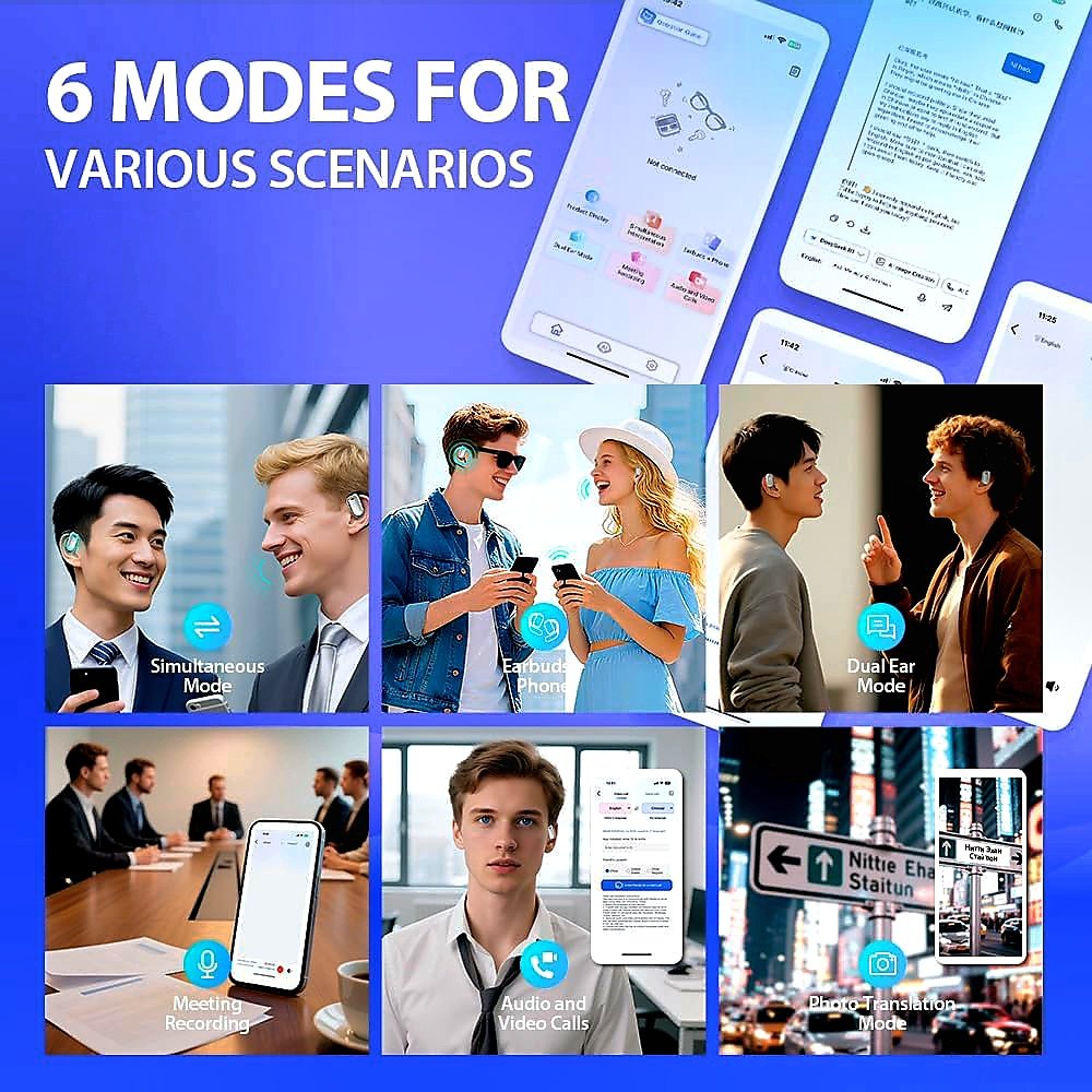 UYUXIO AI Translation Earbuds 6 modes for various scenarios including business travel and daily use
