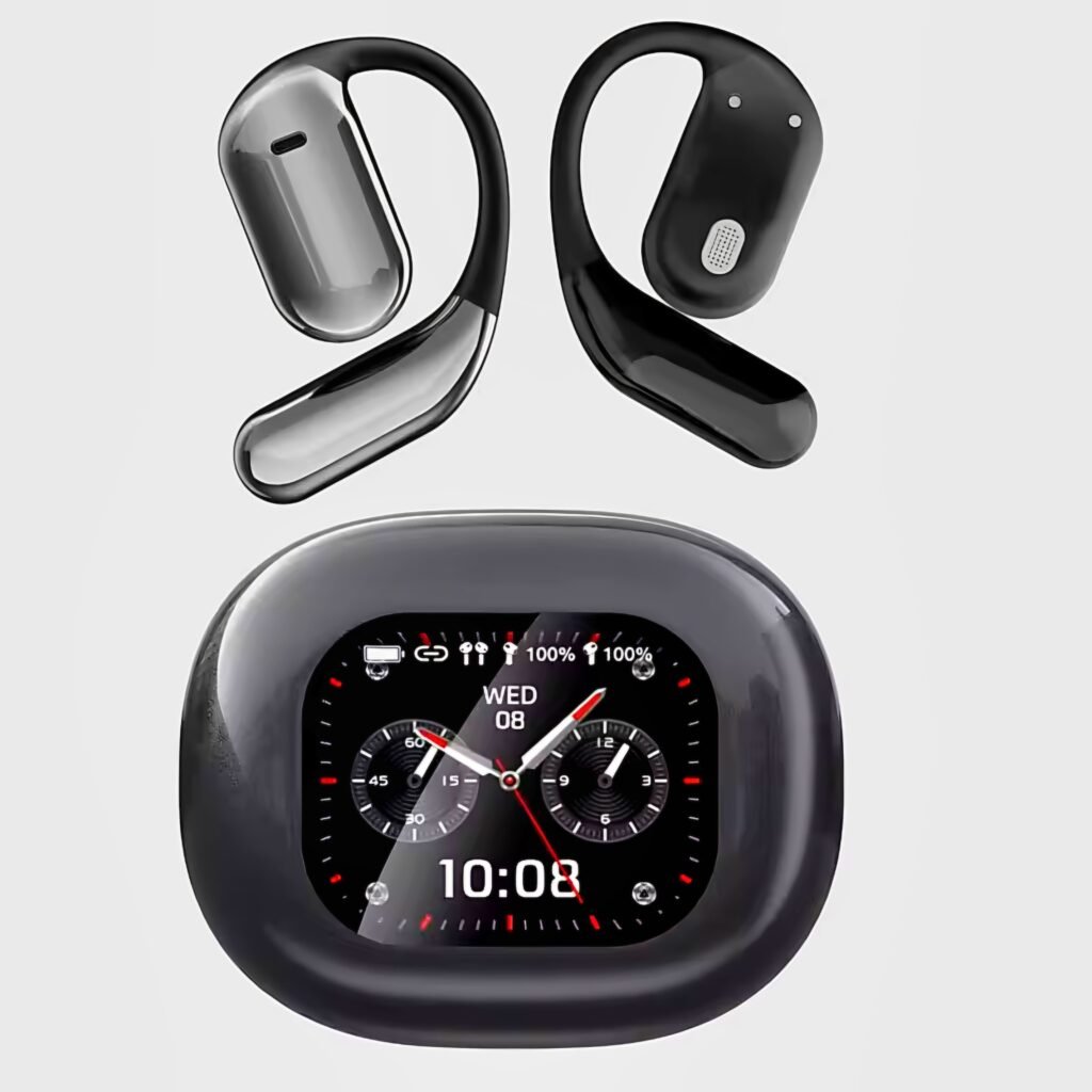 UYUXIO AI Language Translation Earbuds in black with LCD touch screen charging case