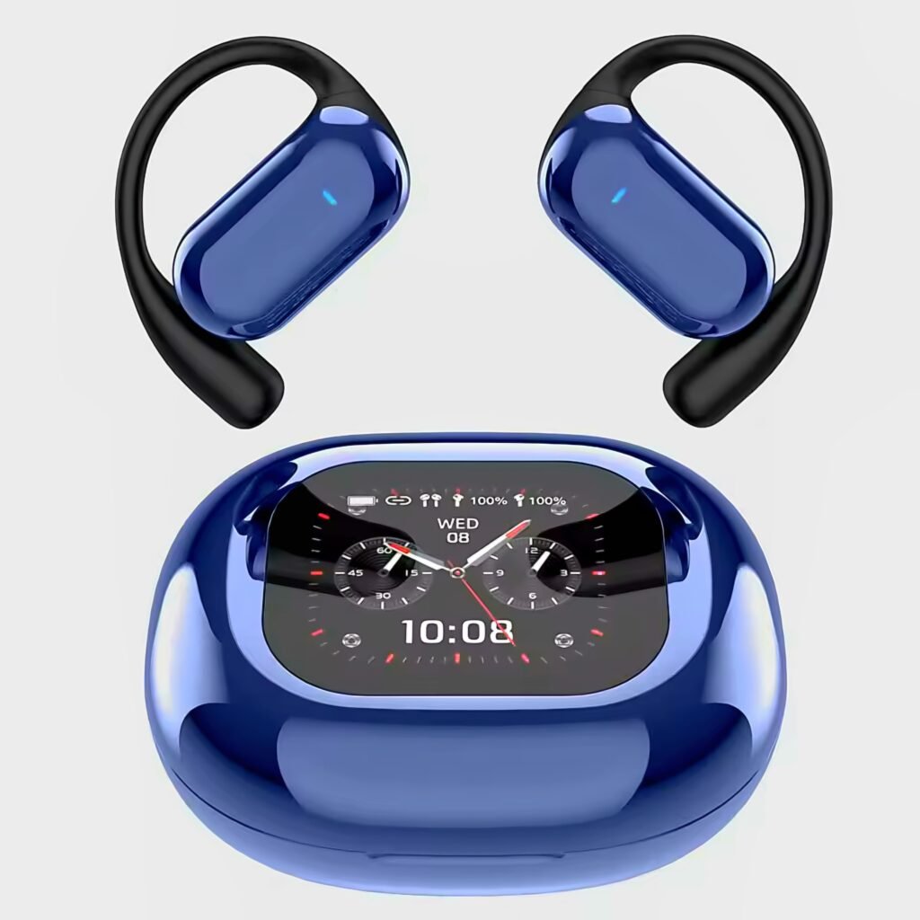 UYUXIO AI Language Translation Earbuds in blue with matching LCD touch screen charging case