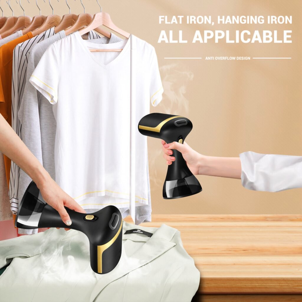 HOMEFISH portable steam iron being used for hanging wet ironing on a white shirt