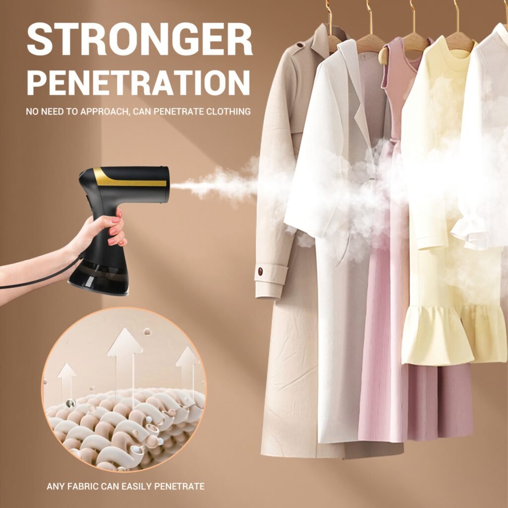 HOMEFISH 1500W garment steamer demonstrating strong steam penetration on multiple fabrics