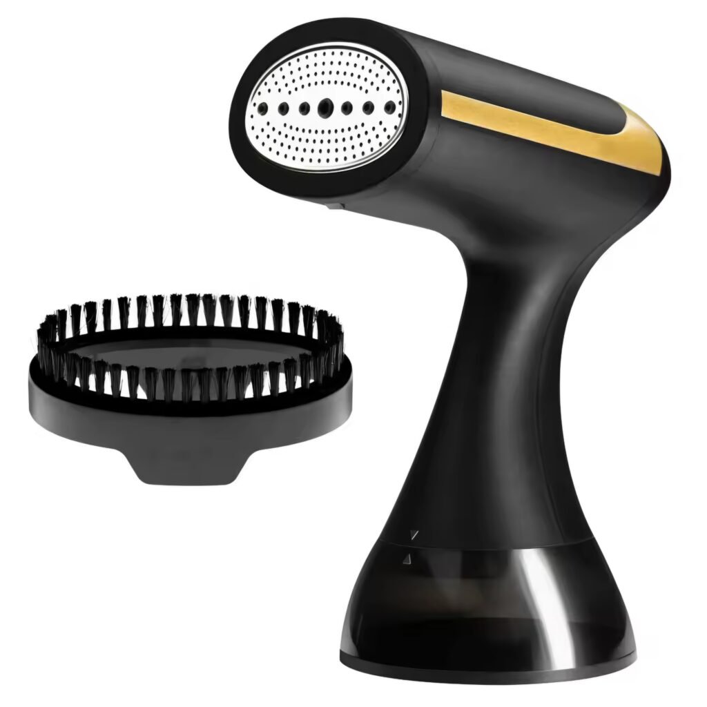 HOMEFISH 1500W portable handheld garment steamer in black and gold design with brush attachment