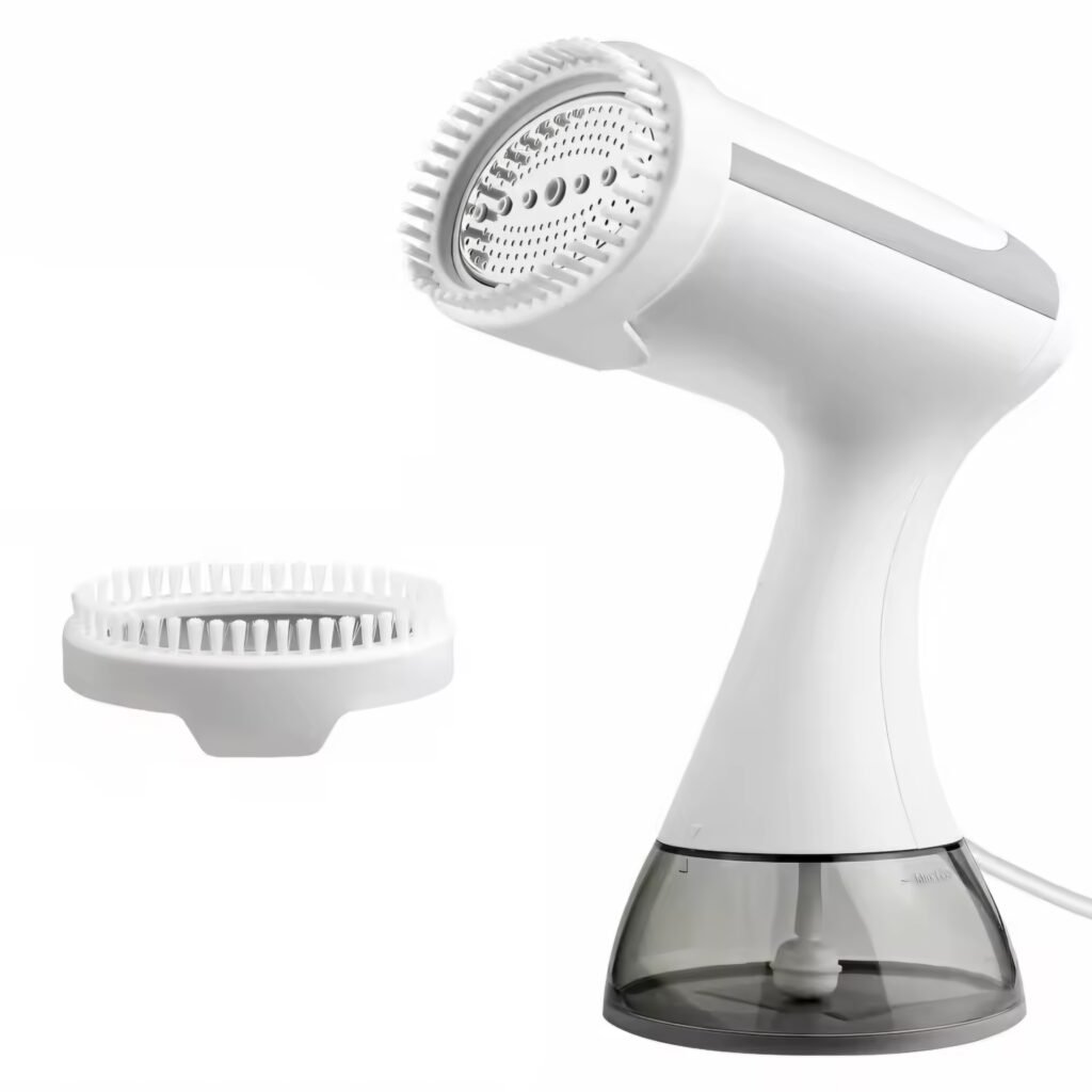 HOMEFISH 1500W portable handheld ironing machine in white and silver design with brush attachment