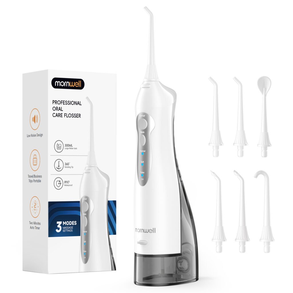 Mornwell D52 Portable Cordless Water Flosser with multiple jet tips