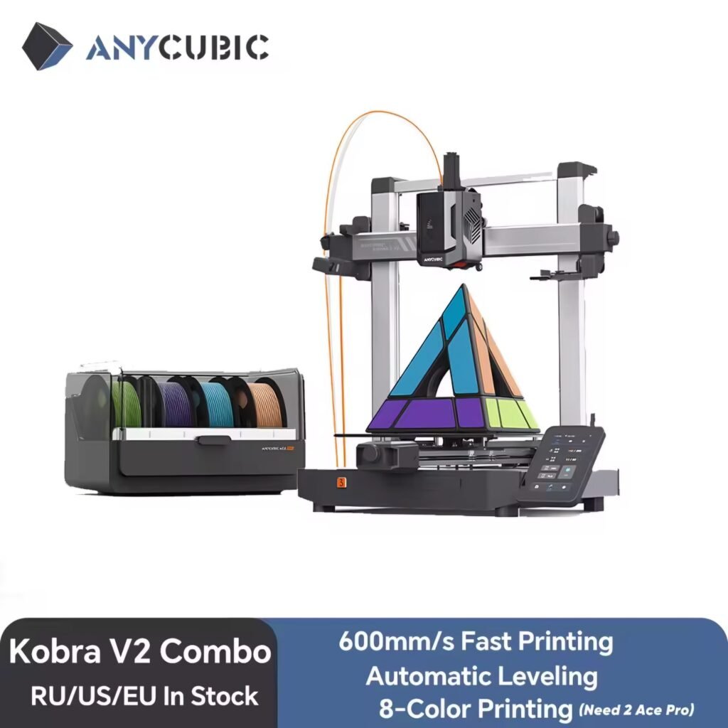 The Anycubic Kobra 3 V2 Combo 3D printer with its Ace Pro multi-color filament system printing a colorful object.