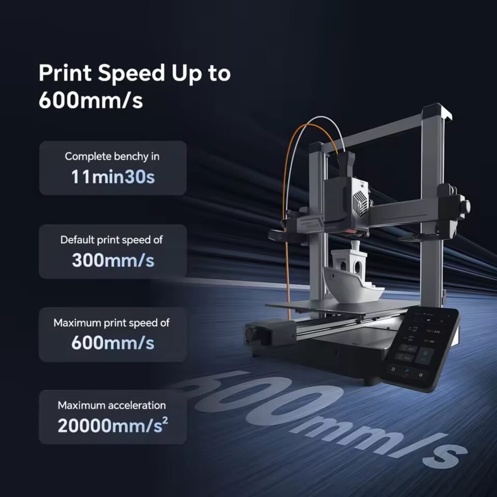 Promotional image highlighting the fast printing speed of the Anycubic Kobra 3 V2, capable of reaching up to 600mm per second.