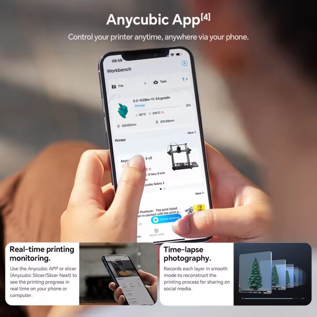 A user holding a smartphone to showcase the Anycubic App for real-time monitoring and remote control of the 3D printer.`