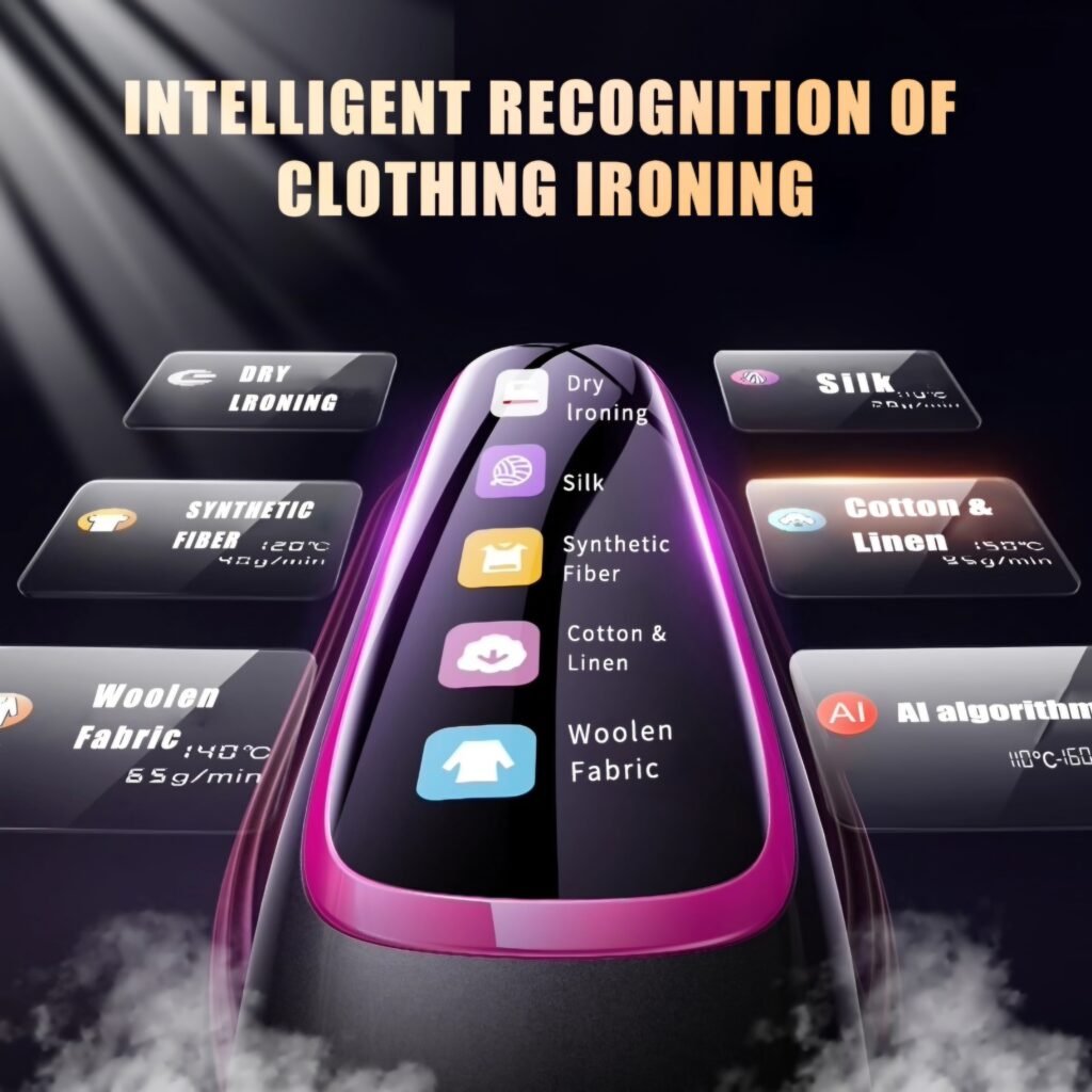 Digital smart screen on the portable handheld garment steamer showing intelligent fabric recognition modes.