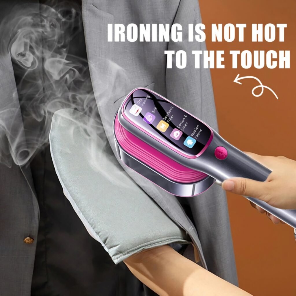 User vertically ironing a suit with the portable clothes steamer, highlighting the heat-insulated design