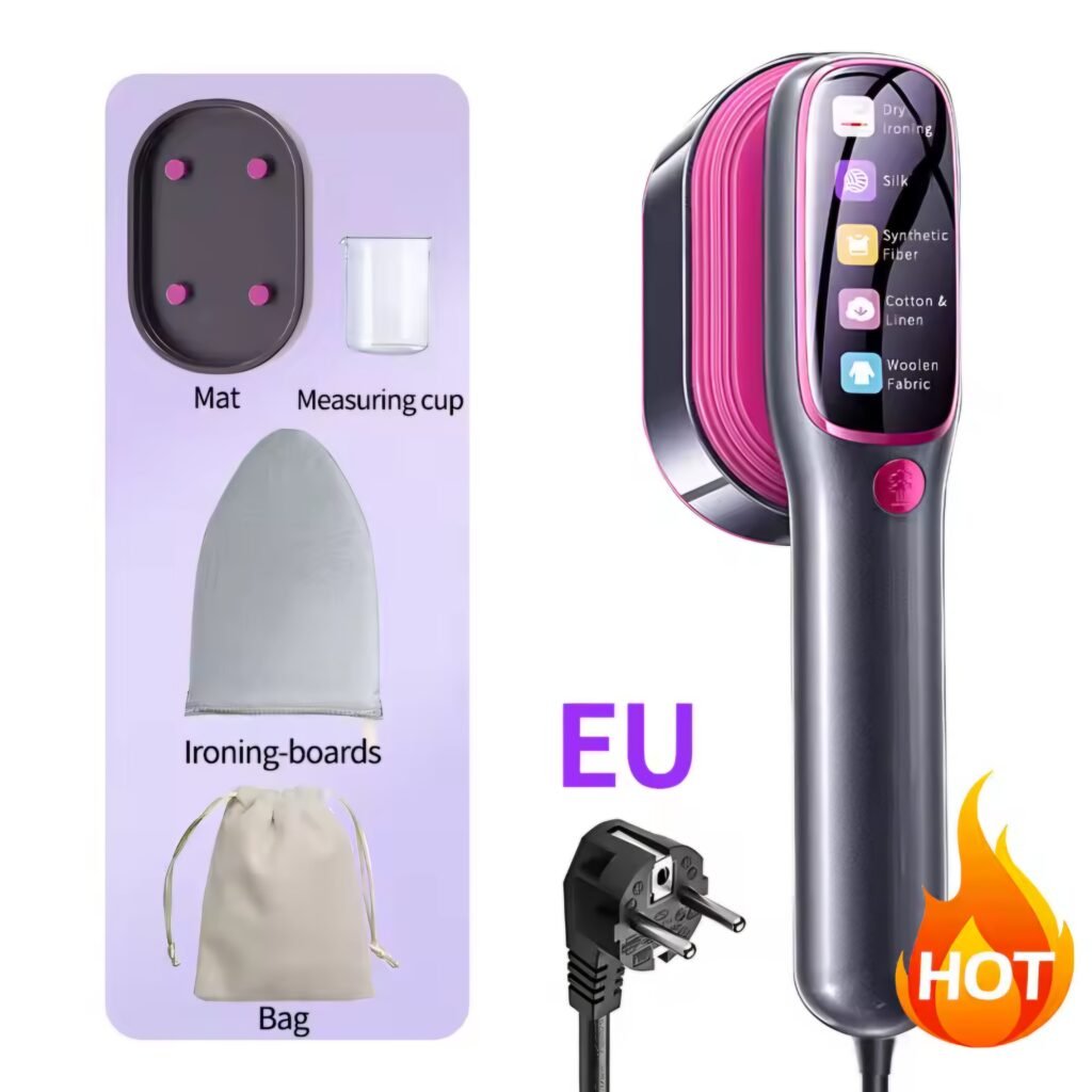 Complete package of the portable handheld garment steamer including a resting mat, measuring cup, ironing pad, storage bag, and an EU plug.