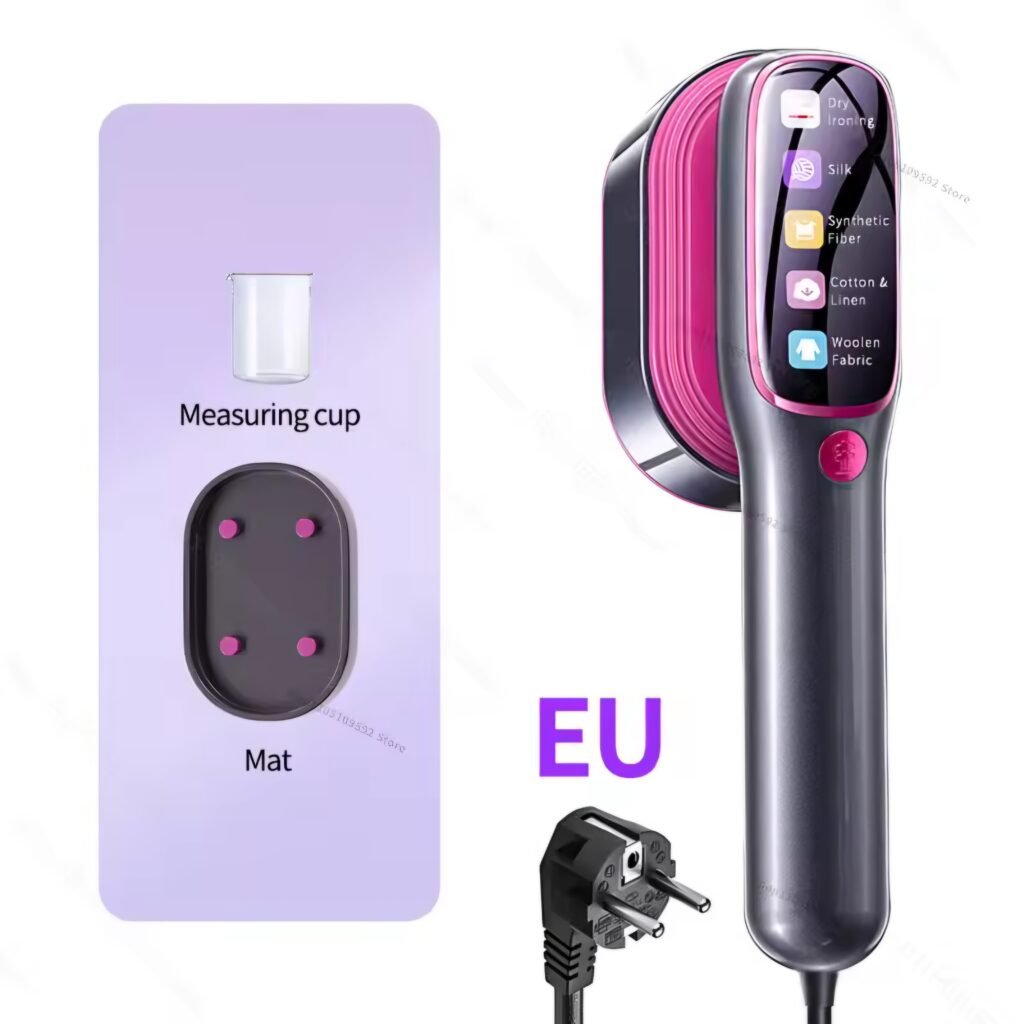 Portable handheld garment steamer shown with essential accessories like a measuring cup, resting mat, and standard EU power plug.