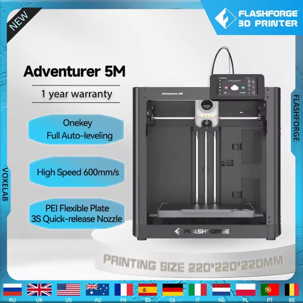 The Flashforge Adventurer 5M 3D printer displaying its high-speed and auto-leveling features.