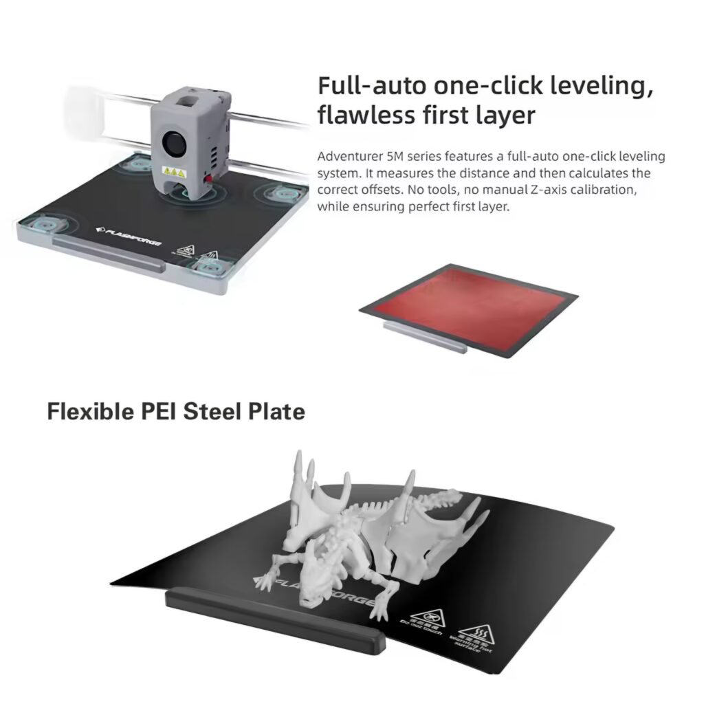3D printed dragon models on the flexible PEI steel plate of the Flashforge Adventurer 5M