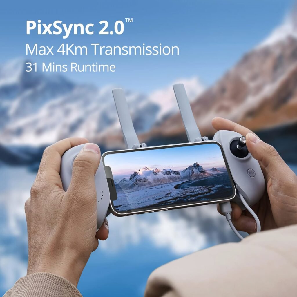 Potensic Atom SE remote controller with PixSync 2.0 showing 4km video transmission range.