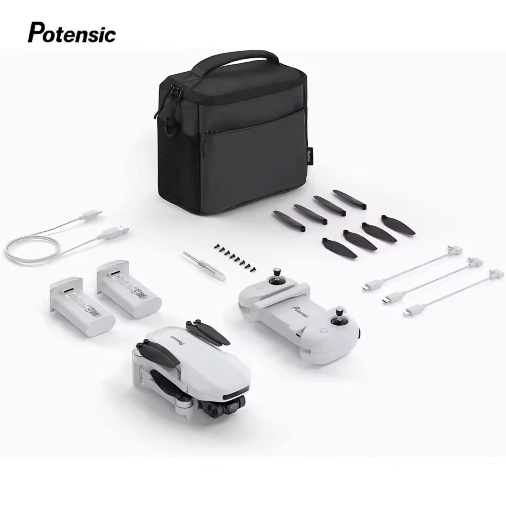 Potensic Atom SE Fly More Combo contents including batteries, propellers, and carrying bag.