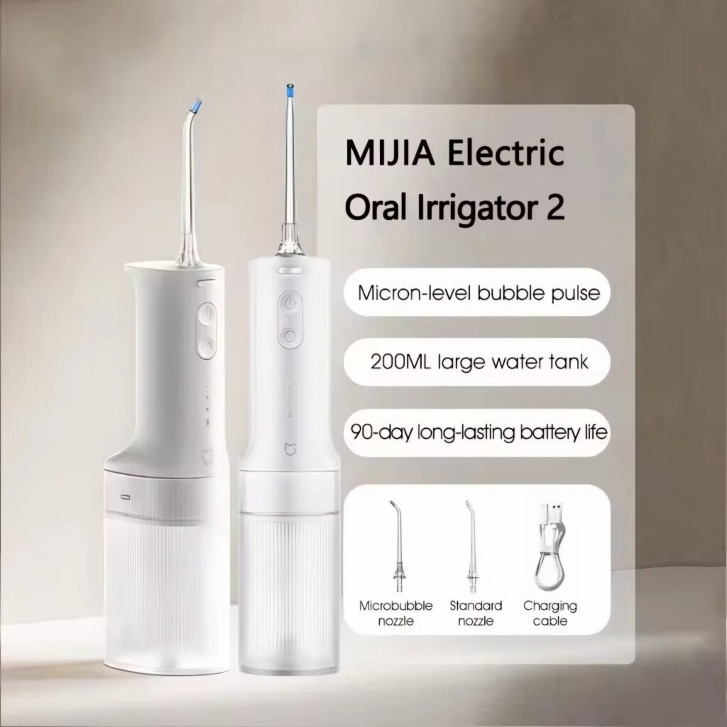 Xiaomi Mijia Electric Oral Irrigator 2 with micron-level bubble pulse, 200ml water tank, 90-day battery life, and different nozzles review