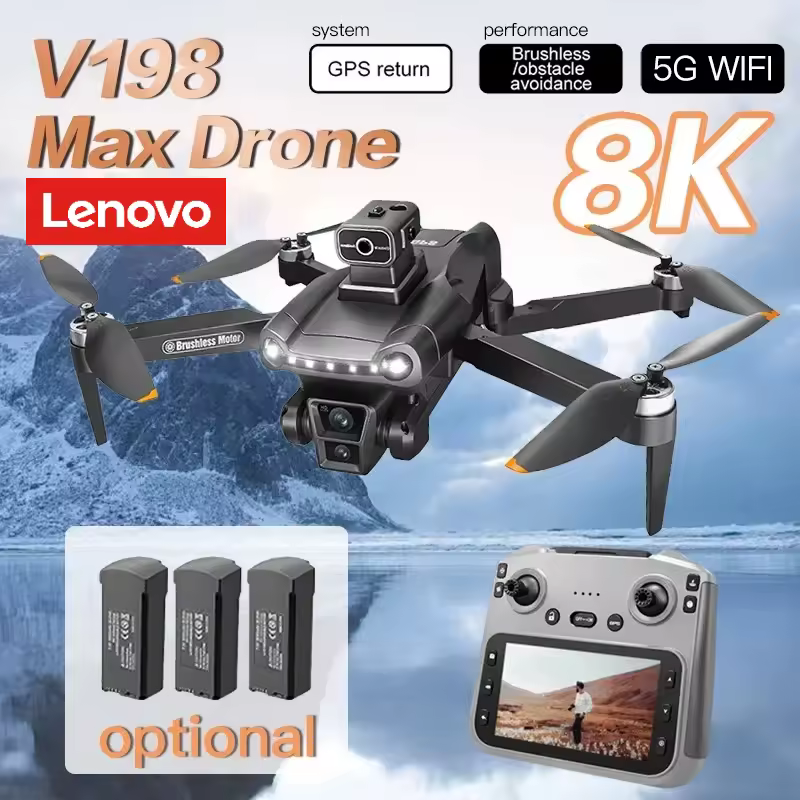 V198 Max GPS Drone 8K with dual camera and remote control showing flight features