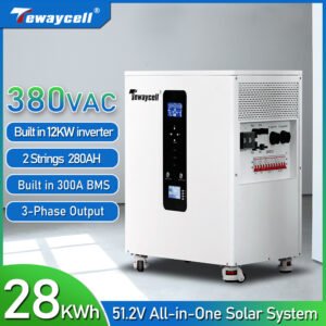 Tewaycell All-in-One Solar System Review showing the 28kWh LiFePO4 battery cabinet with integrated 12KW inverter and 300A BMS