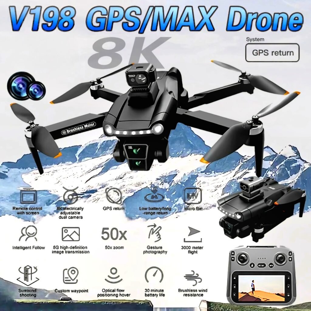 V198 Max GPS Drone 8K with dual camera and screen remote control showing flight features
