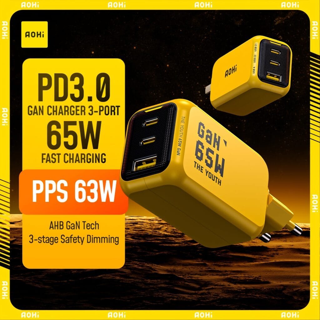 AOHI 65W GaN Charger Review - Yellow 3-port fast charger with PD3.0 and PPS 63W support