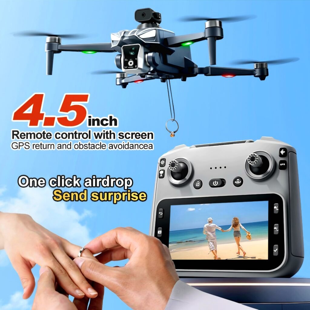 K18 Max Drone with 4.5-inch screen remote control, showing GPS return, obstacle avoidance, and a ring being dropped.