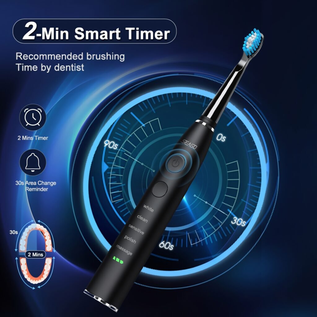 Seago SG-575 electric toothbrush with 2-minute smart timer feature.
