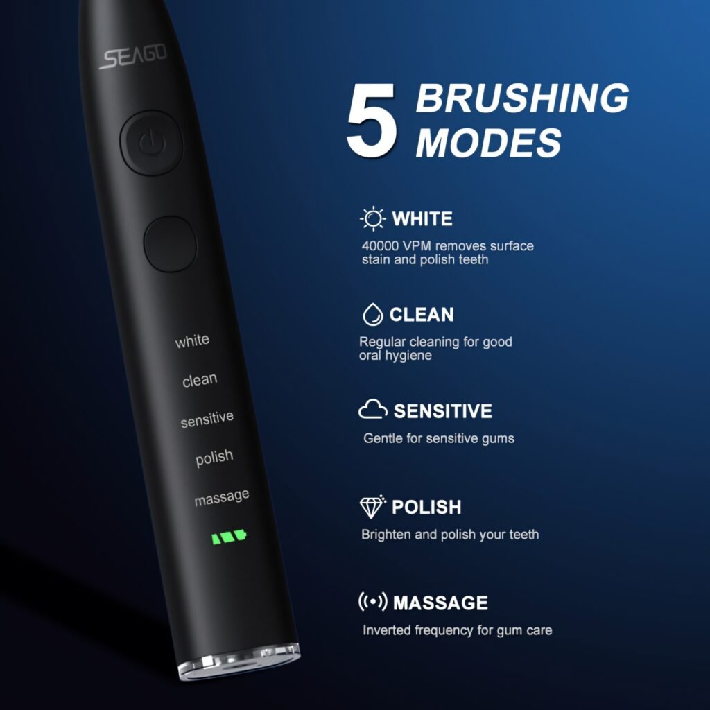 Seago SG-575 sonic toothbrush showing 5 different cleaning modes.