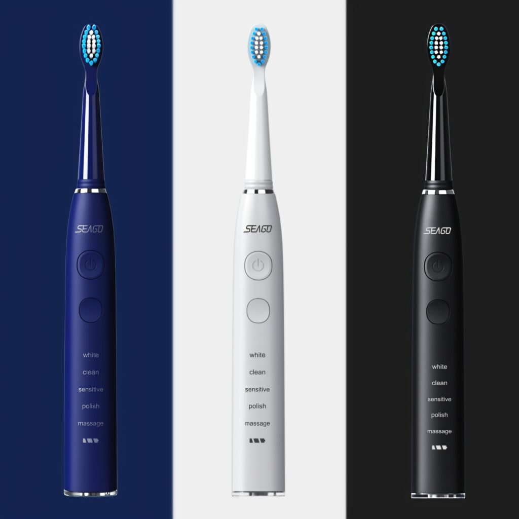 Seago SG-575 electric toothbrush color options in Navy Blue, White, and Black.