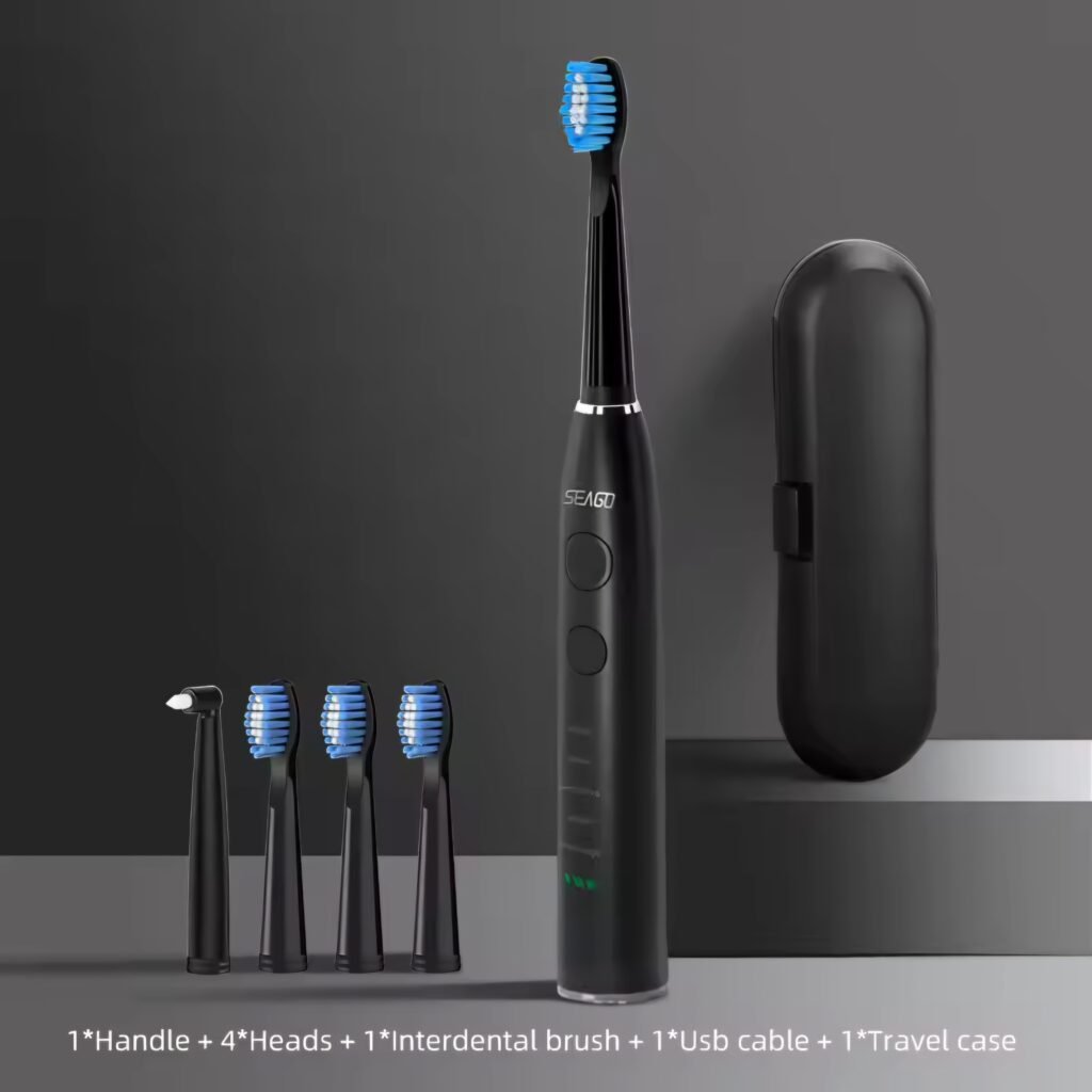 Seago SG-575 black electric toothbrush kit including USB cable and travel box.