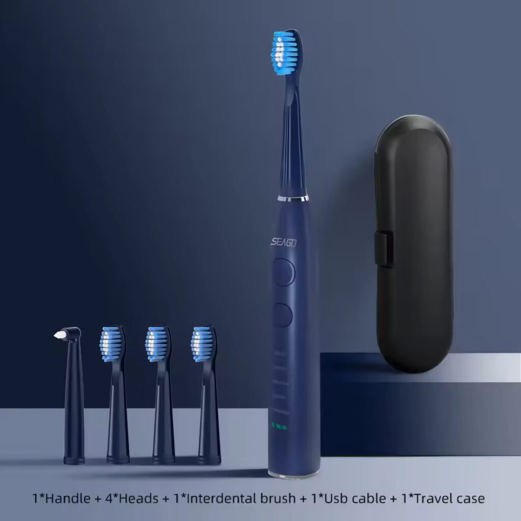 Seago SG-575 navy blue toothbrush package contents with interdental brush and 4 heads.