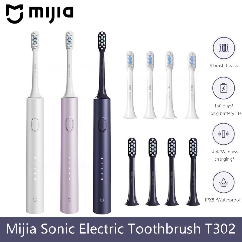 Mijia Sonic Electric Toothbrush T302 electric toothbrush set showing multiple color variants, four replacement brush heads, 150-day battery life, wireless charging, and IPX8 waterproof feature.