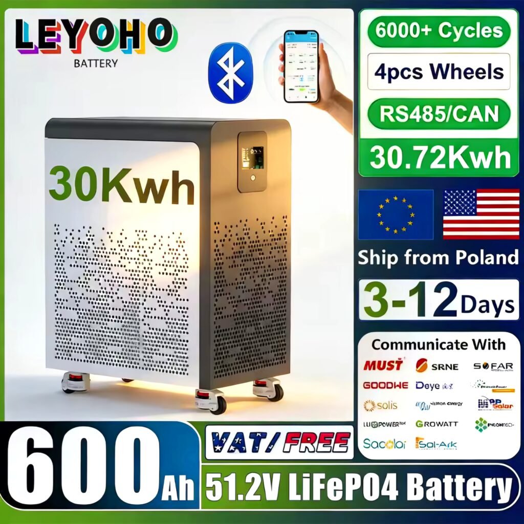 LEYOHO 48V 600Ah 30kWh LiFePO4 Battery Pack with Bluetooth, wheels, and RS485/CAN communication for home solar storage review