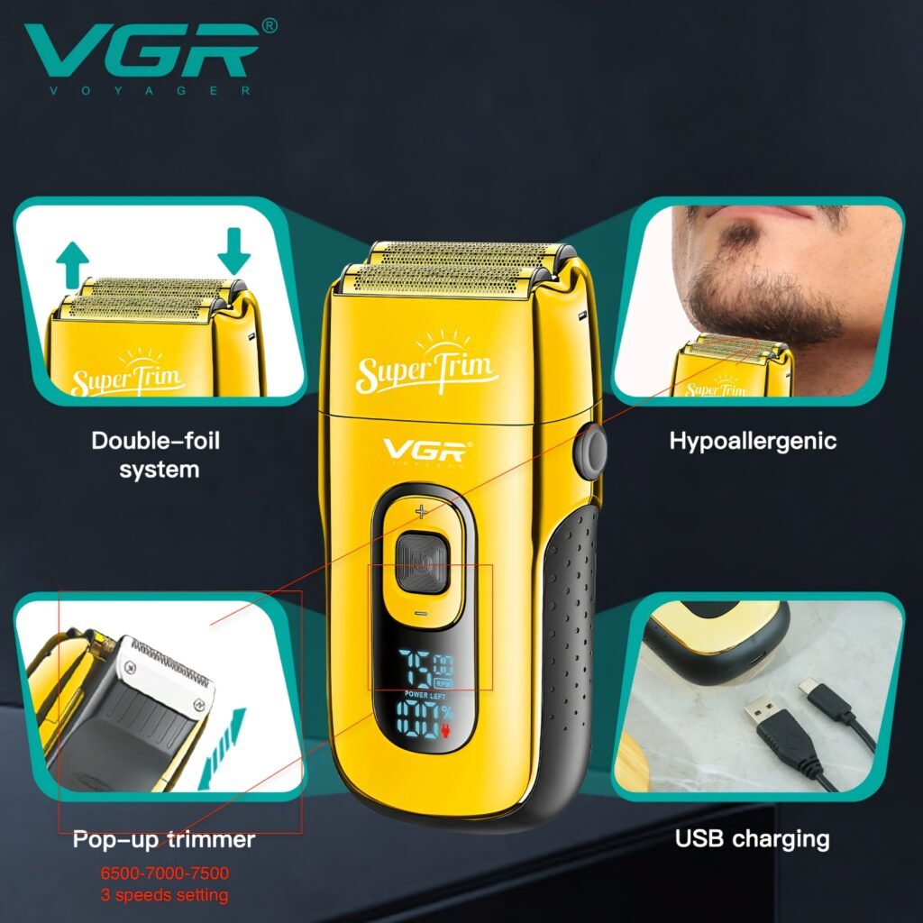 VGR V-332 professional shaver features including double-foil system and pop-up trimmer.