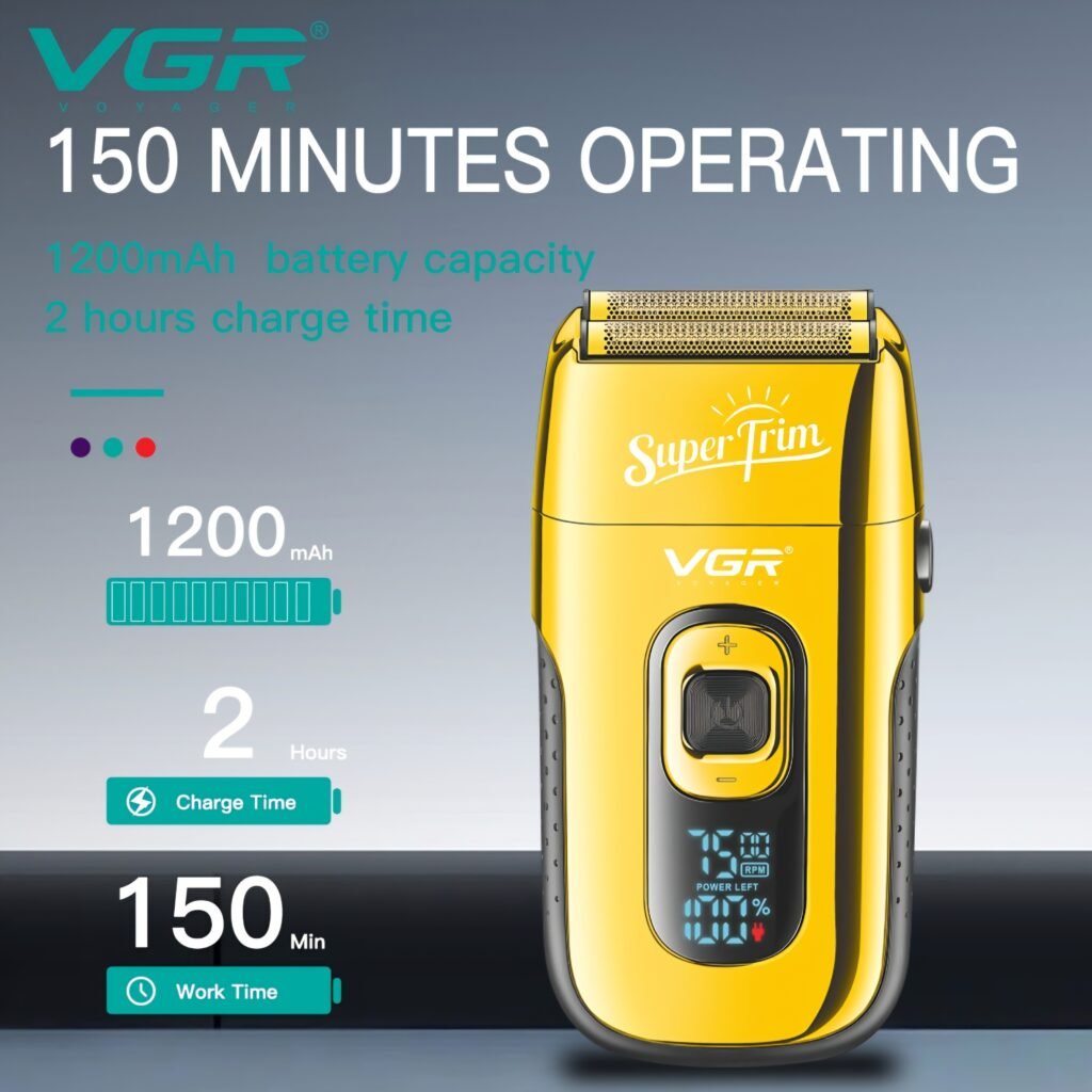 VGR V-332 electric shaver with 1200mAh battery showing 150 minutes operating time.