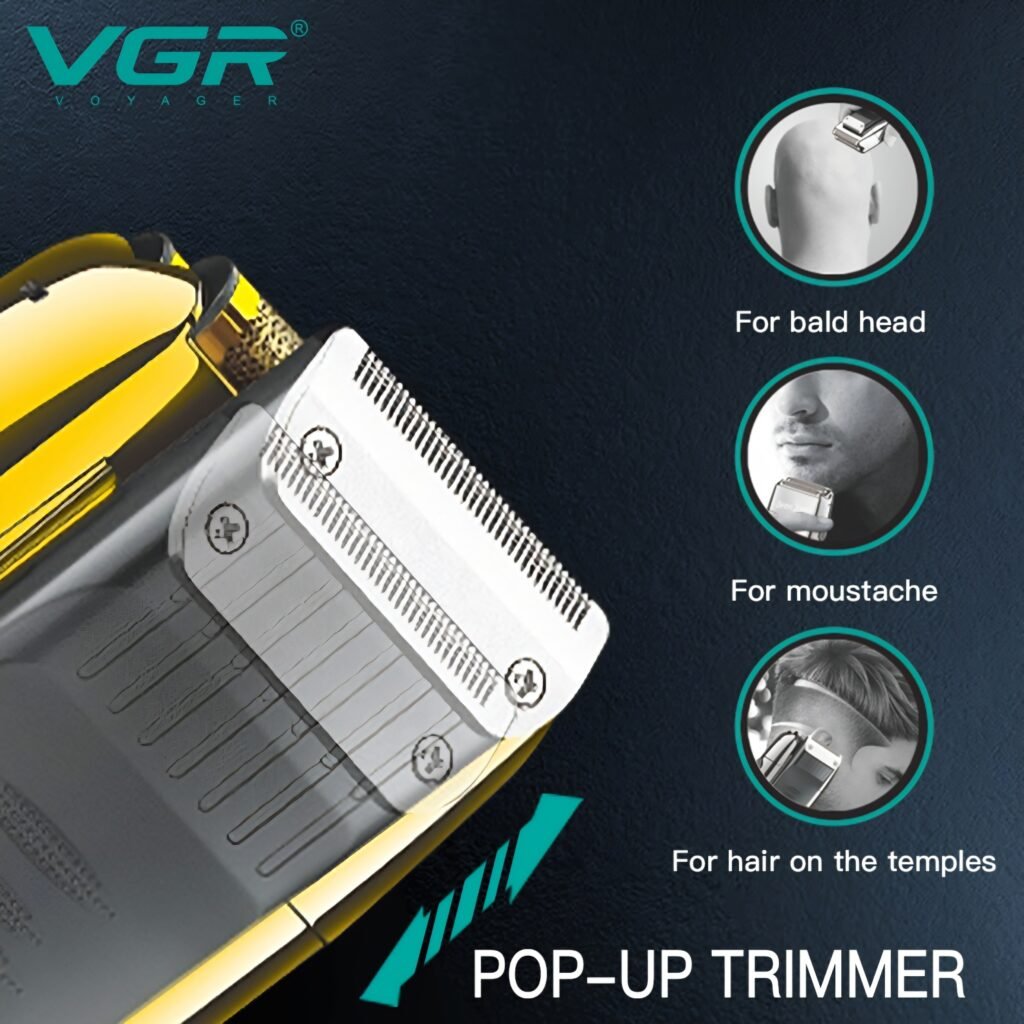 VGR V-332 pop-up trimmer details for bald head shaving and mustache grooming.