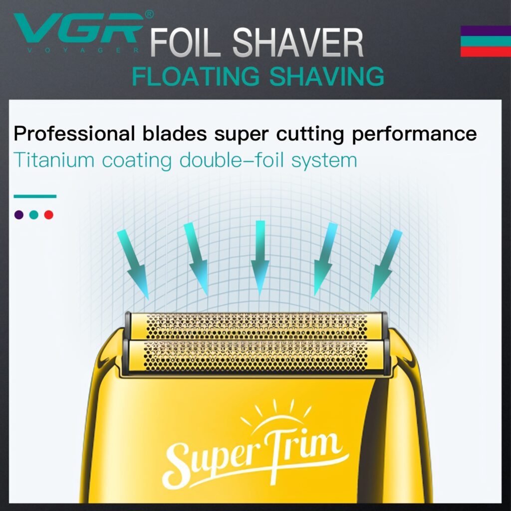 VGR V-332 Super Trim titanium coating double-foil system for close cutting performance.