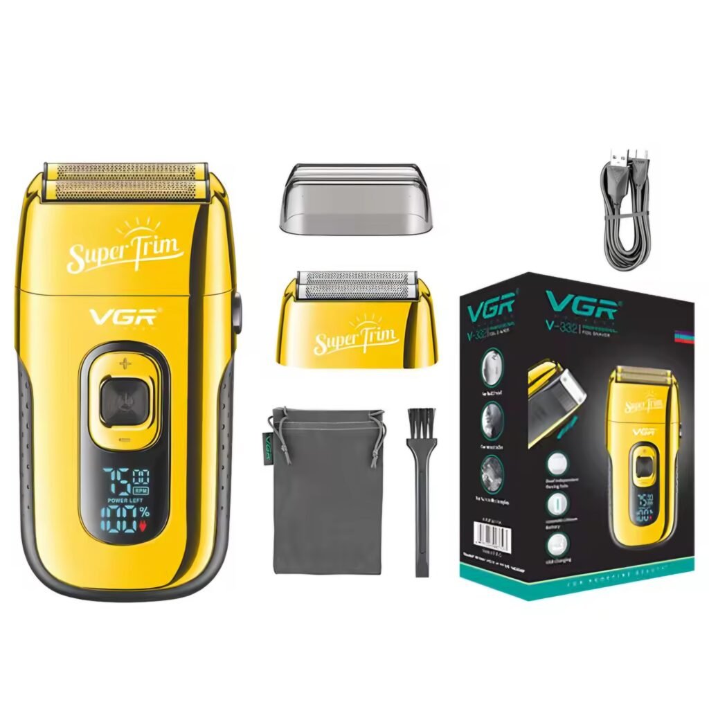 VGR V-332 gold professional shaver full package with retail box and cleaning kit.