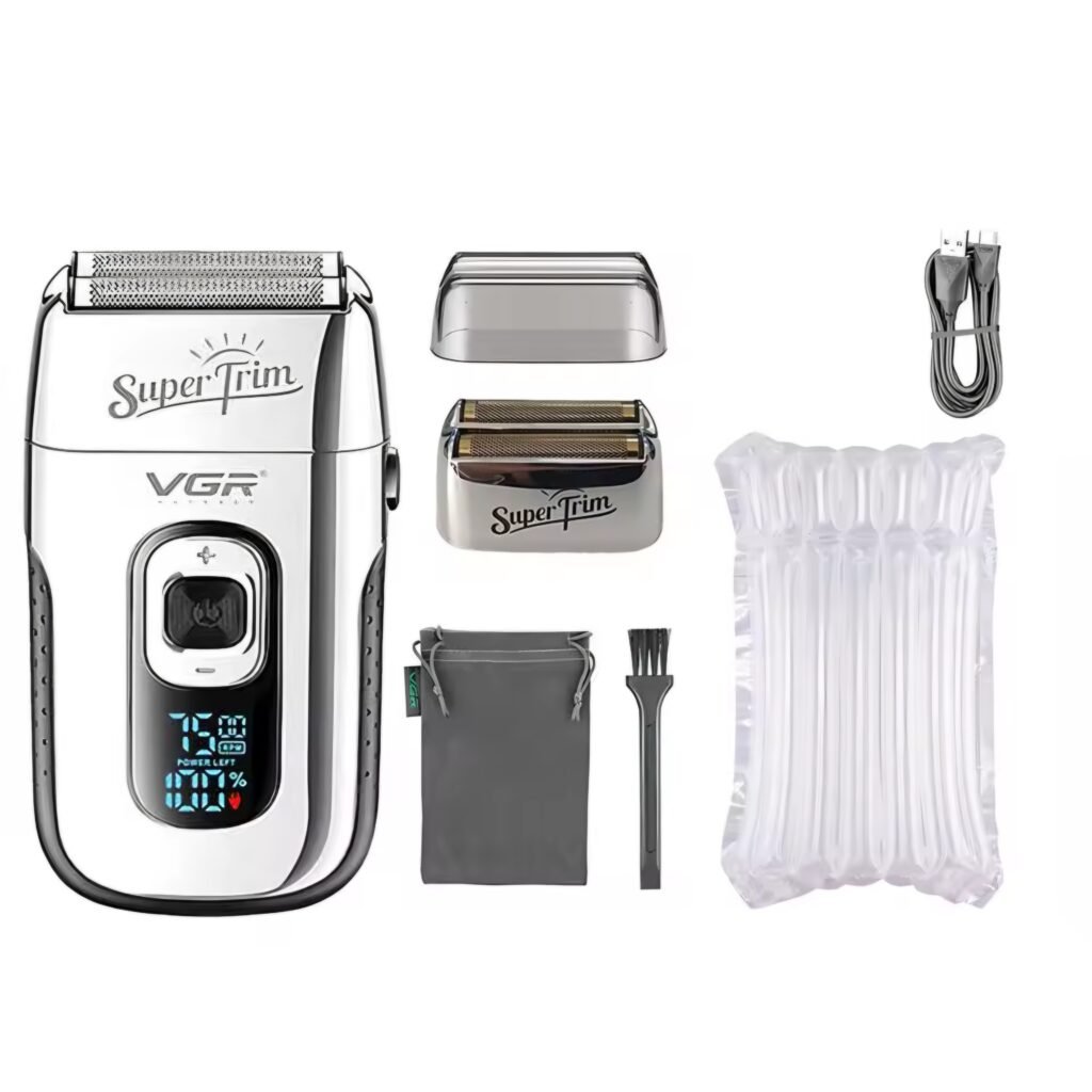 VGR V-332 silver shaver unboxing kit with extra foil head and protective air packaging.