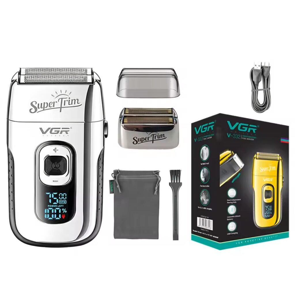 VGR V-332 silver professional reciprocating shaver with original retail packaging.